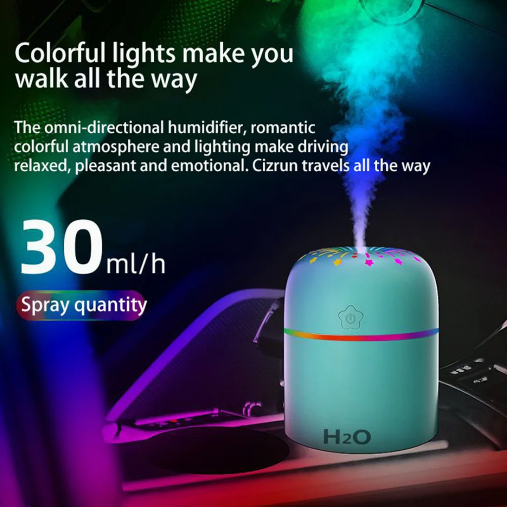 USB Portable Mini Car Humidifier - H2O Aromatherapy Diffuser with Rainbow LED Lights